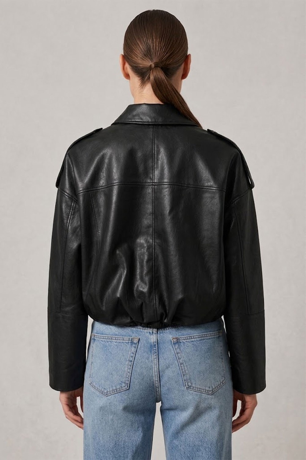Deriderim Siyah Hakiki Deri Oversize Crop Kemerli Omuz Apolet Detaylı Kadın Ceket görsel 4
