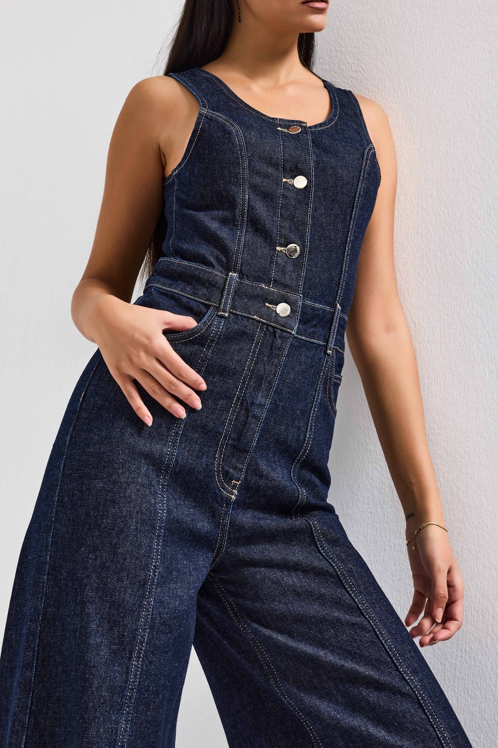 It's Basic Kadın Ice 4s6-3 Palazzo Fit %100 Koton Denim Slopet Tulum görsel 2