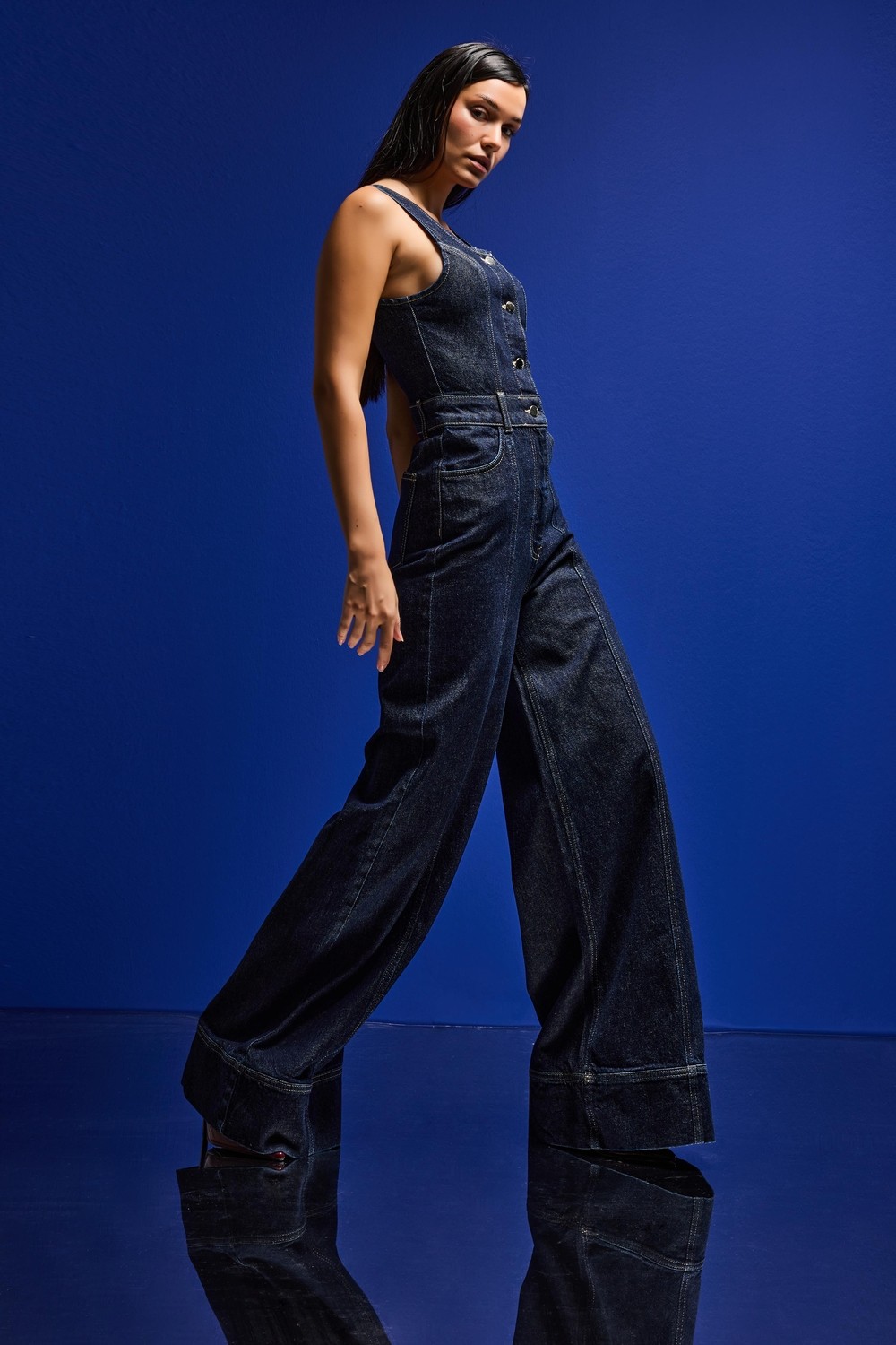 It's Basic Kadın Ice 4s6-3 Palazzo Fit %100 Koton Denim Slopet Tulum görsel 3