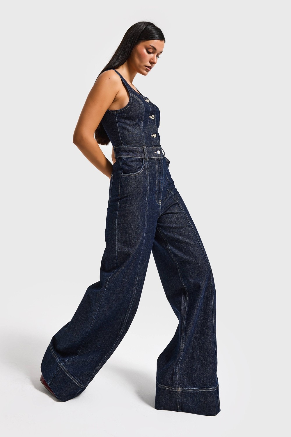 It's Basic Kadın Ice 4s6-3 Palazzo Fit %100 Koton Denim Slopet Tulum görsel 4