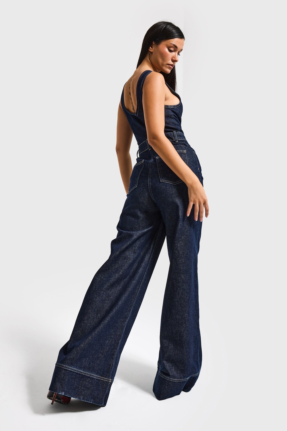 It's Basic Kadın Ice 4s6-3 Palazzo Fit %100 Koton Denim Slopet Tulum görsel 5