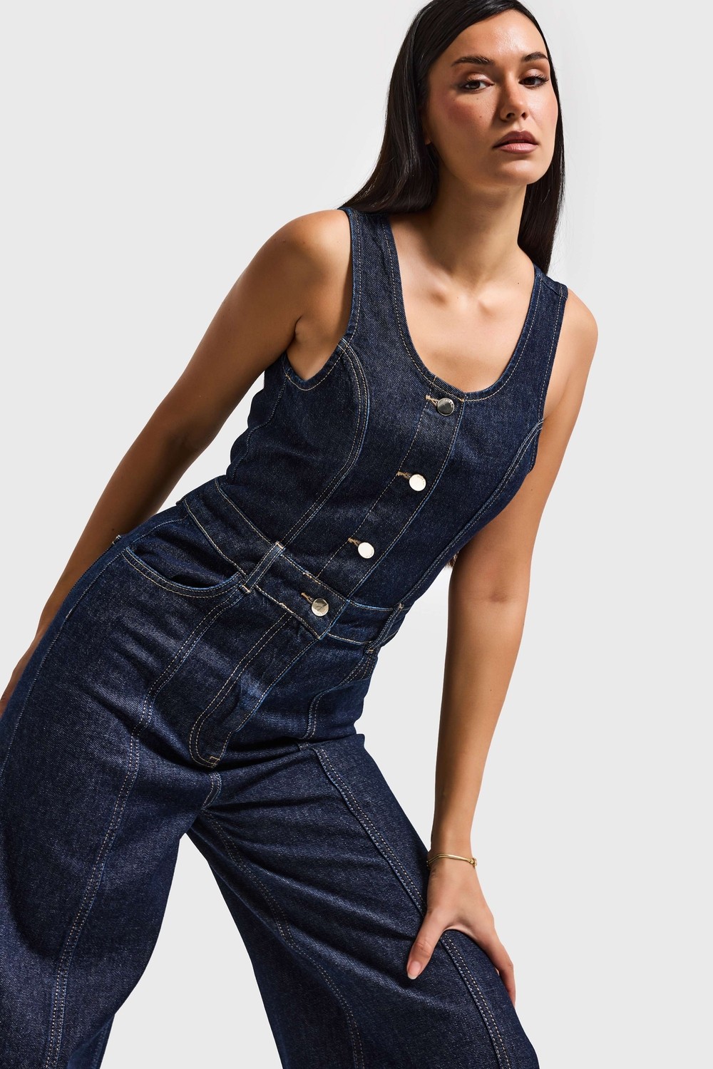 It's Basic Kadın Ice 4s6-3 Palazzo Fit %100 Koton Denim Slopet Tulum görsel 6