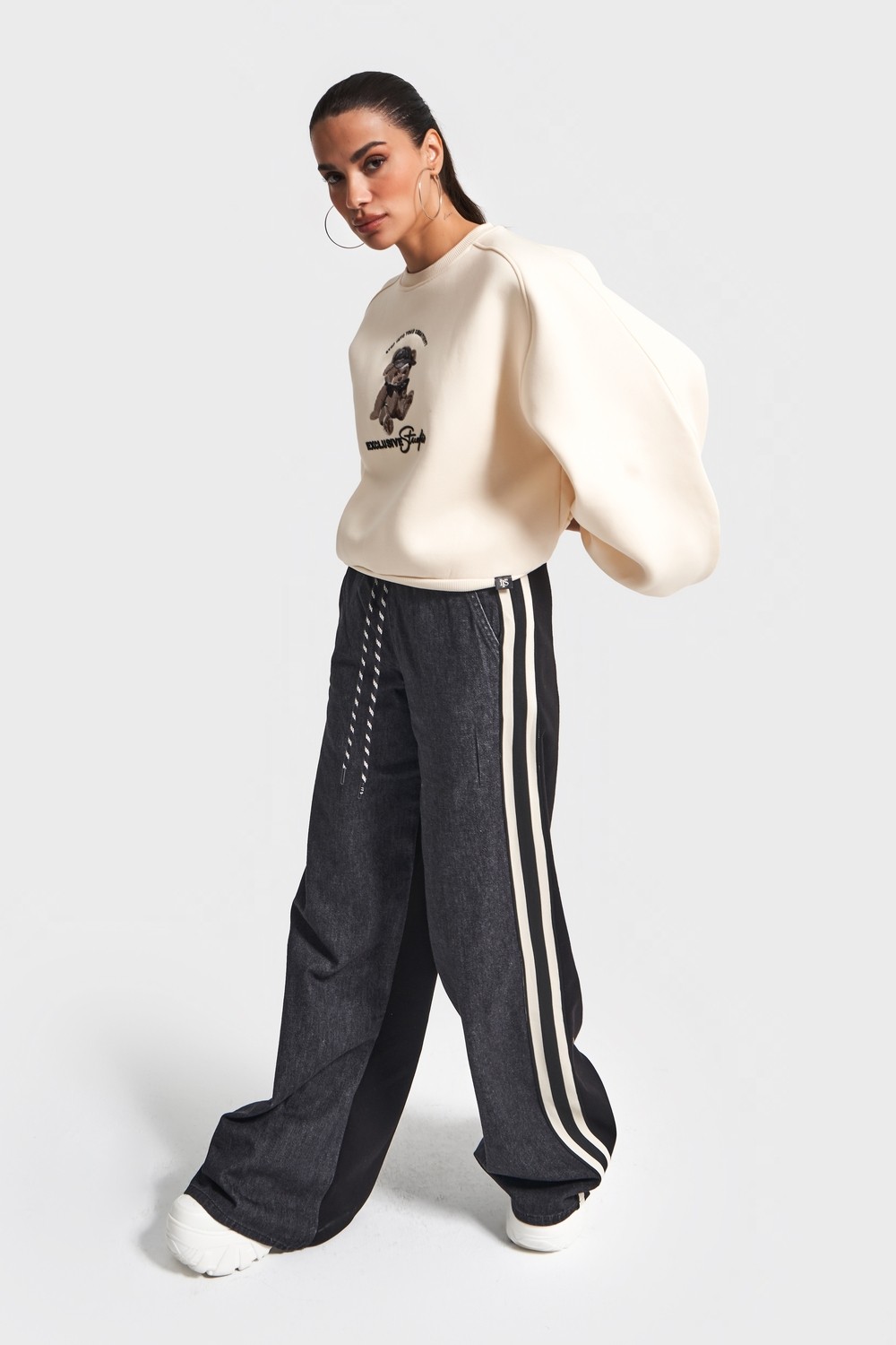 It's Basic Kadın Bej Siyah Kot Rengi W5-105 Tasarım Sweatshirt Pantolon 2'li Kombin Takım