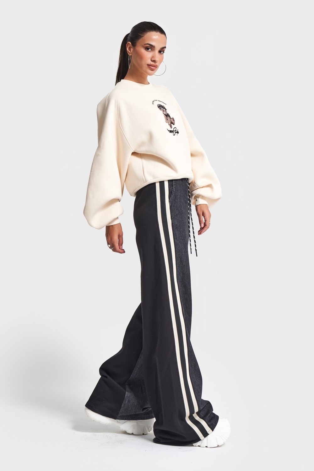 It's Basic Kadın Bej Siyah Kot Rengi W5-105 Tasarım Sweatshirt Pantolon 2'li Kombin Takım görsel 3