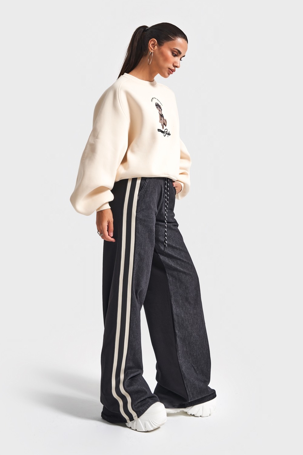 It's Basic Kadın Bej Siyah Kot Rengi W5-105 Tasarım Sweatshirt Pantolon 2'li Kombin Takım görsel 4