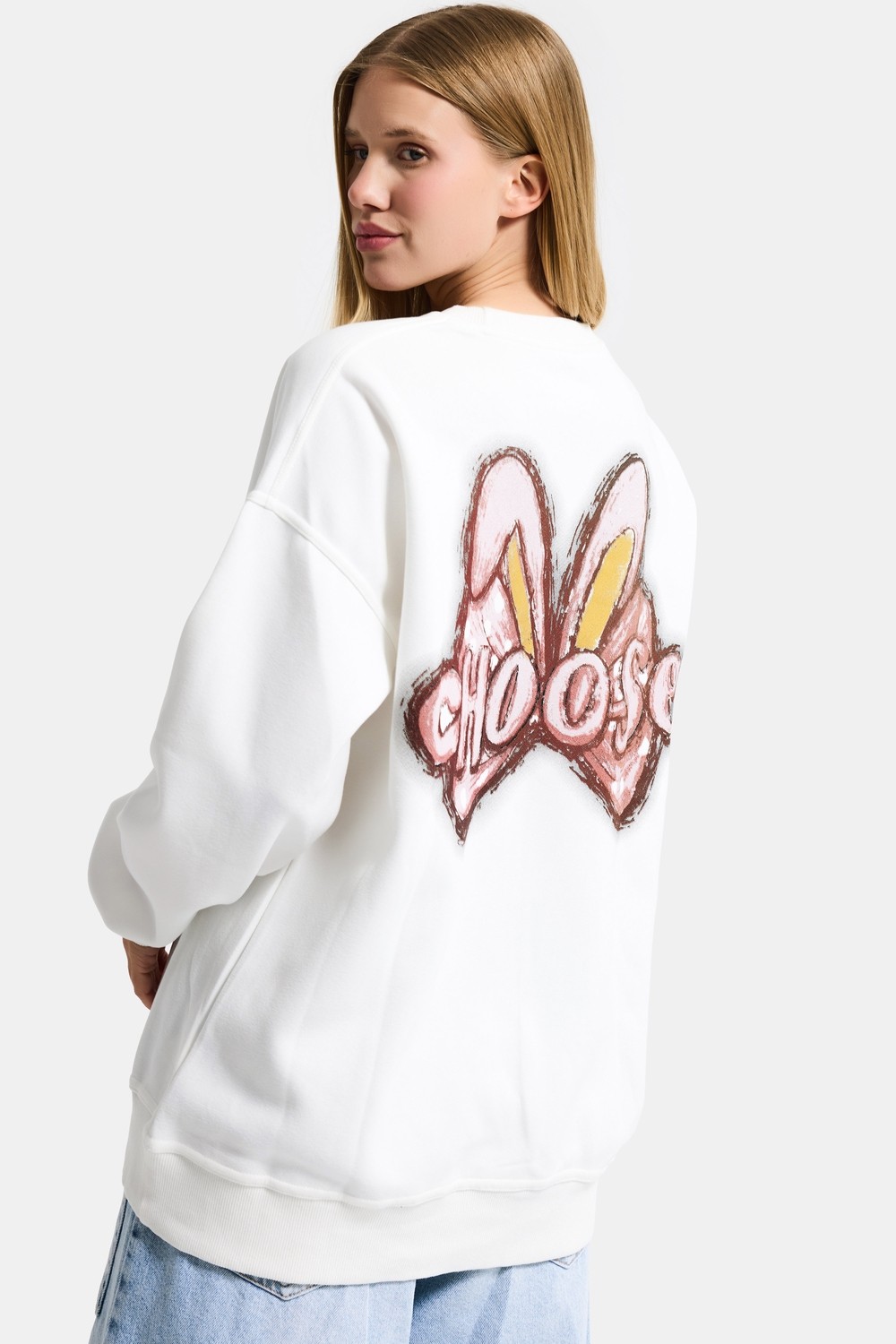 It's Basic Kadın Beyaz W5 Oversize Baskılı %100 Koton Organik Kumaş Sweatshirt