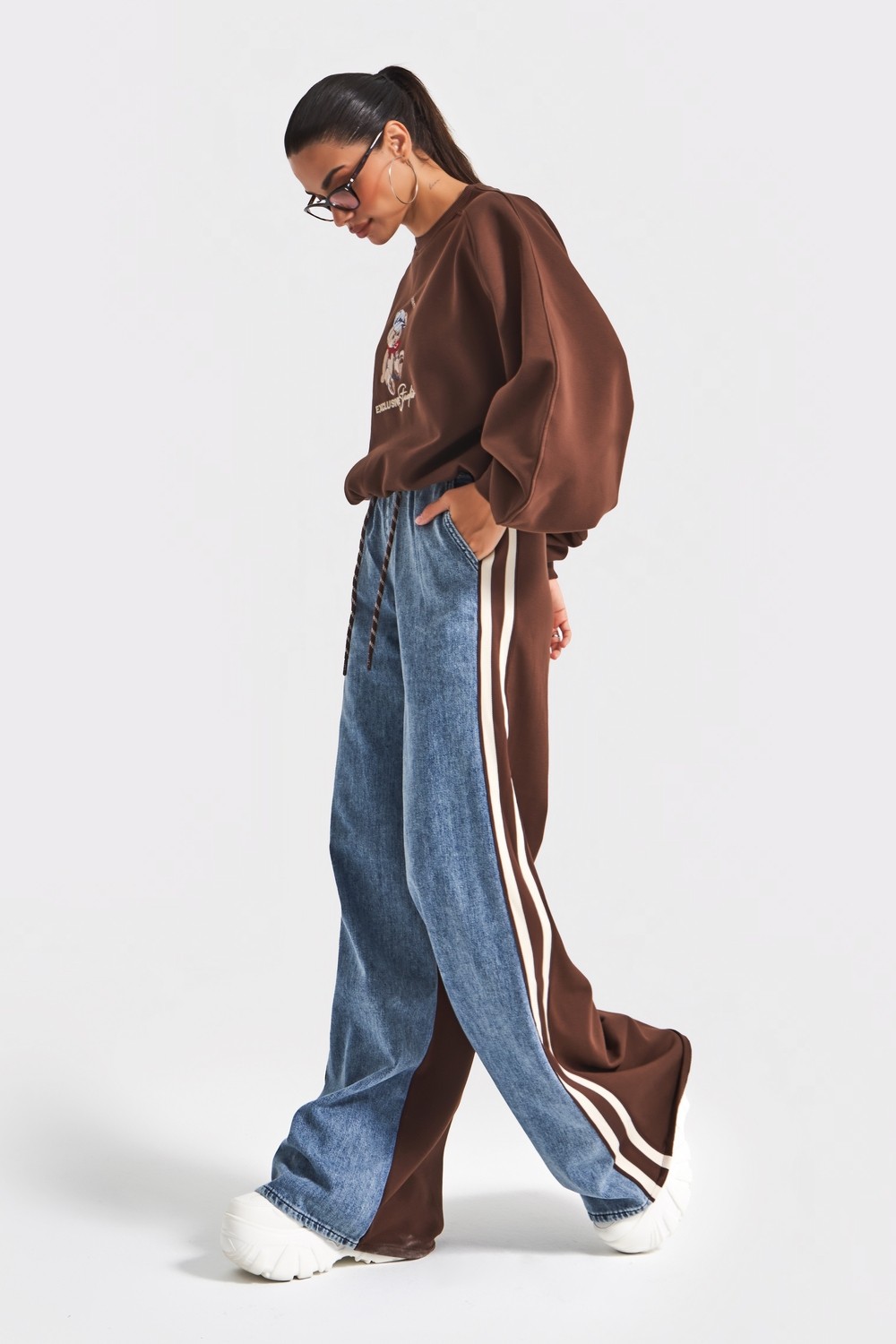 It's Basic Kadın Kahve Kot Rengi W5-16 Tasarım Sweatshirt Pantolon 2'li Kombin Takım