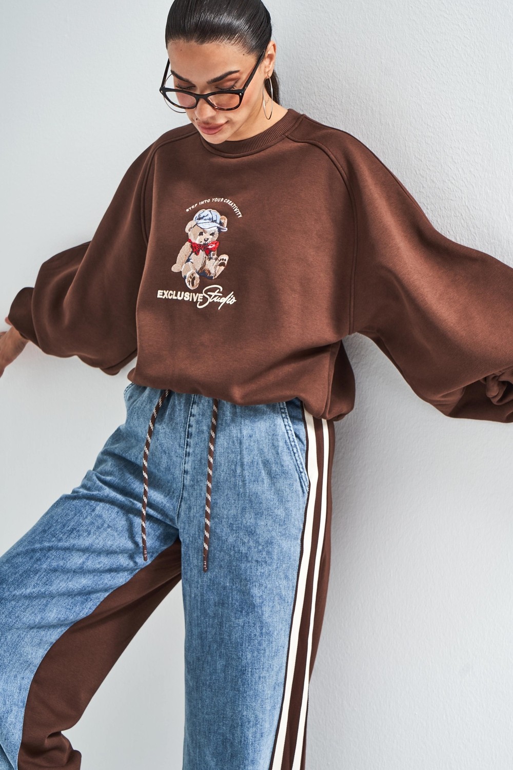 It's Basic Kadın Kahve Kot Rengi W5-16 Tasarım Sweatshirt Pantolon 2'li Kombin Takım görsel 2