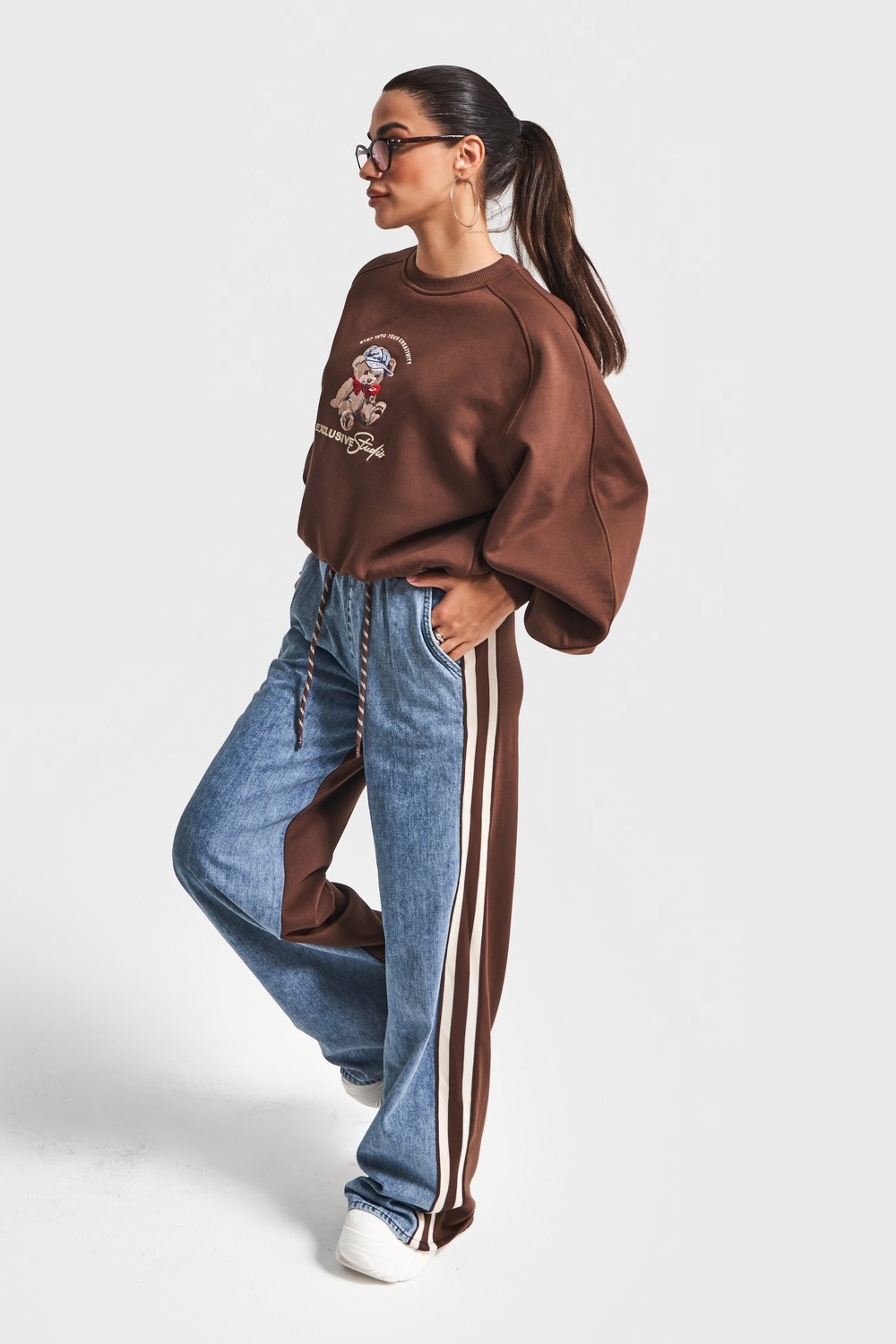 It's Basic Kadın Kahve Kot Rengi W5-16 Tasarım Sweatshirt Pantolon 2'li Kombin Takım görsel 3