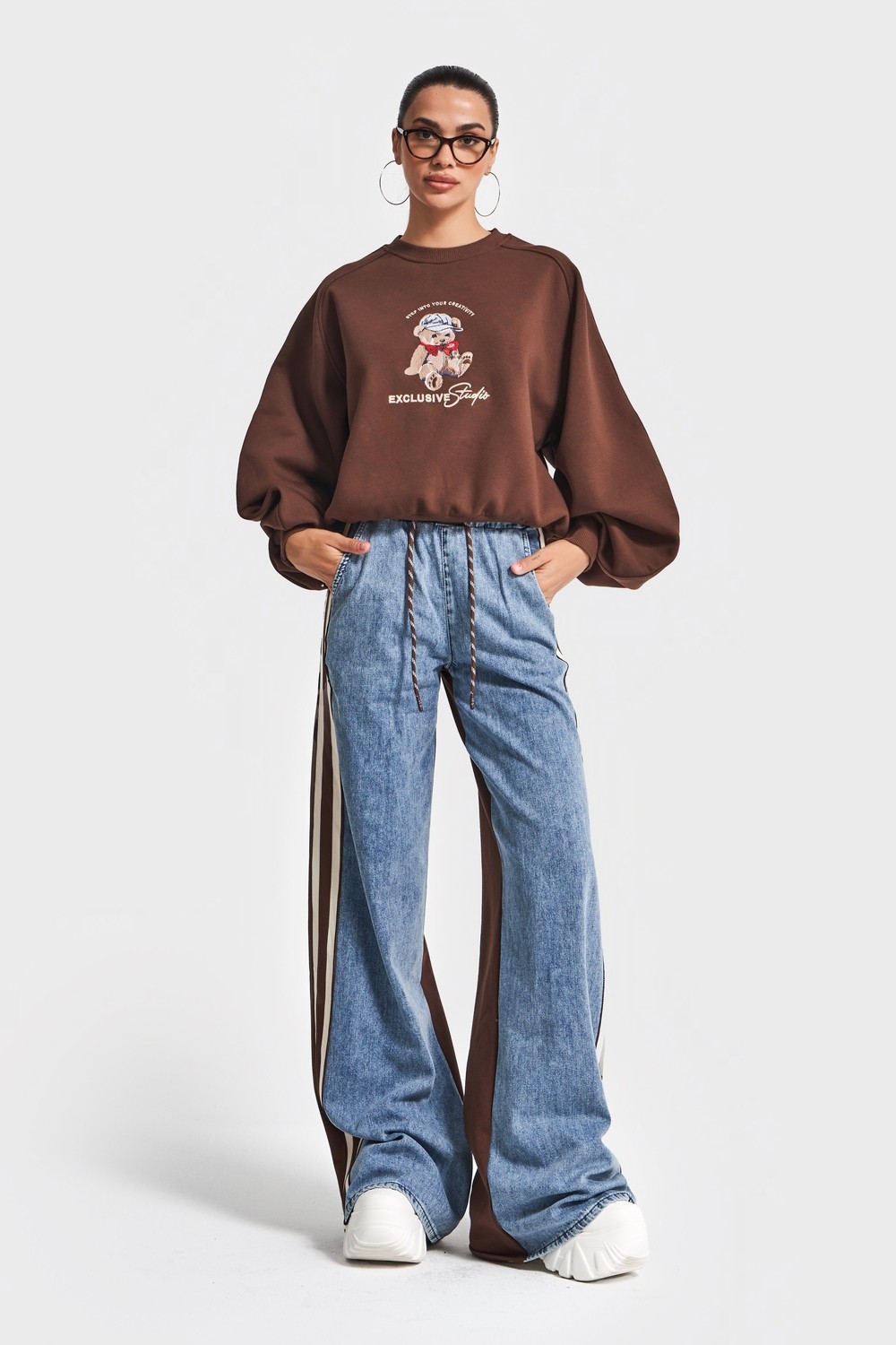 It's Basic Kadın Kahve Kot Rengi W5-16 Tasarım Sweatshirt Pantolon 2'li Kombin Takım görsel 5