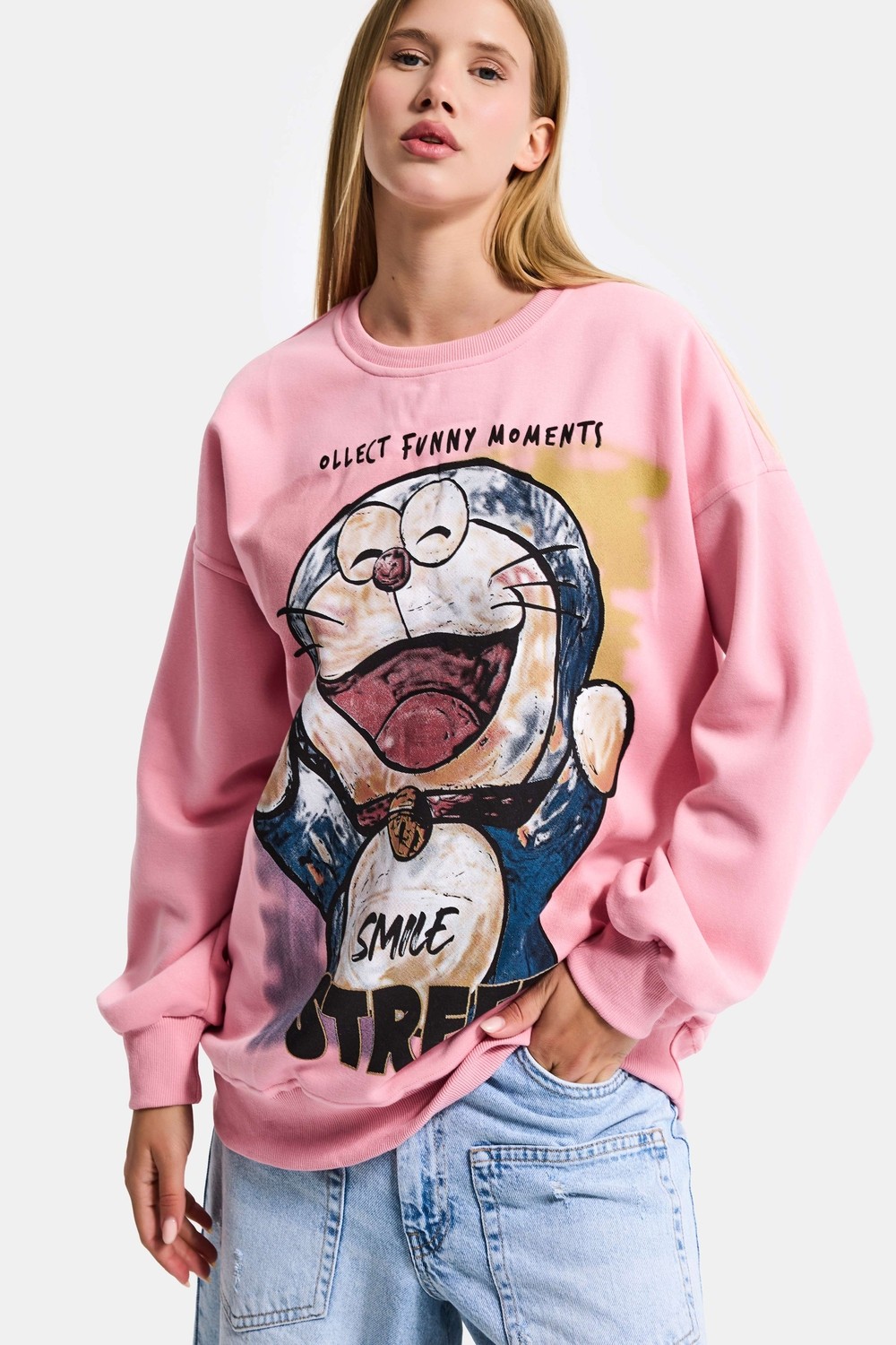 It's Basic Kadın Beyaz W5 Oversize Baskılı %100 Koton Organik Kumaş Sweatshirt