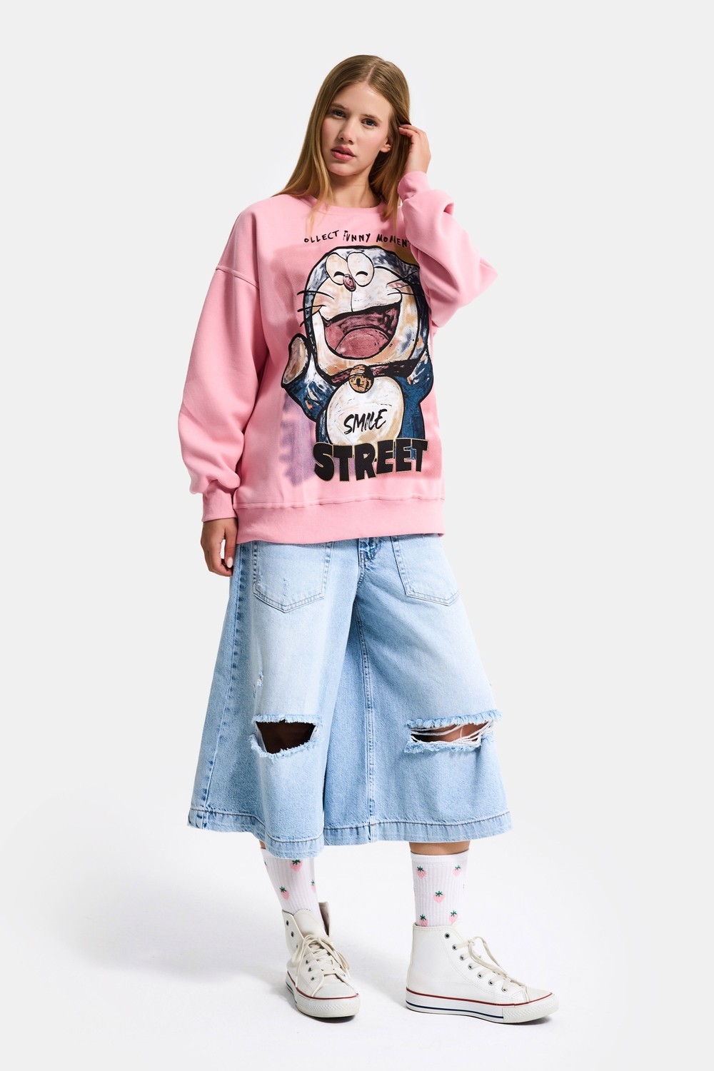 It's Basic Kadın Beyaz W5 Oversize Baskılı %100 Koton Organik Kumaş Sweatshirt görsel 3