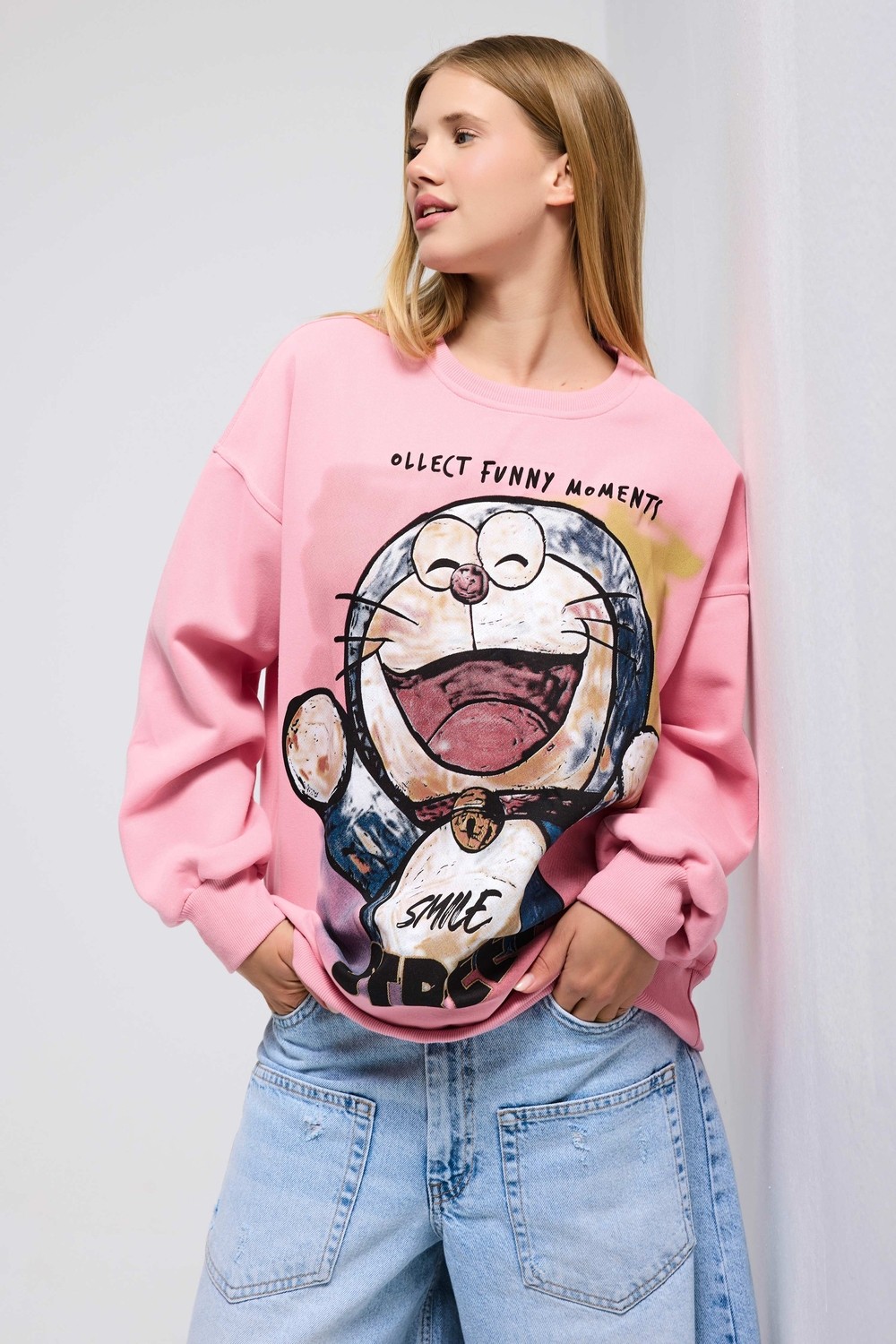 It's Basic Kadın Beyaz W5 Oversize Baskılı %100 Koton Organik Kumaş Sweatshirt görsel 6