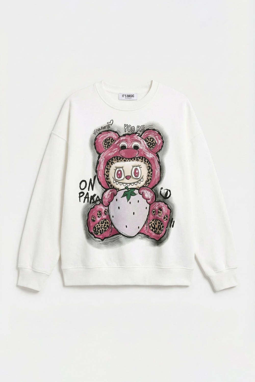 It's Basic Kadın Beyaz W5 Oversize Baskılı %100 Koton Organik Kumaş Sweatshirt