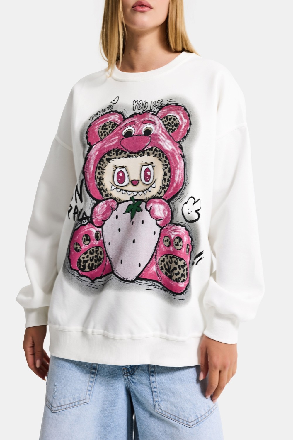 It's Basic Kadın Beyaz W5 Oversize Baskılı %100 Koton Organik Kumaş Sweatshirt görsel 2