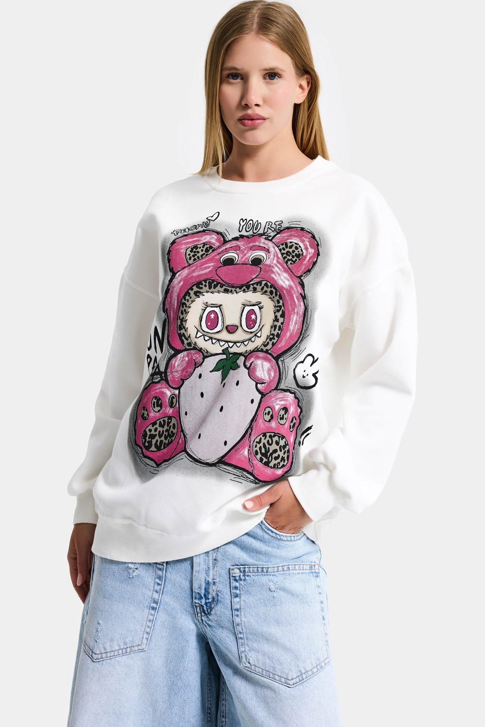 It's Basic Kadın Beyaz W5 Oversize Baskılı %100 Koton Organik Kumaş Sweatshirt görsel 6