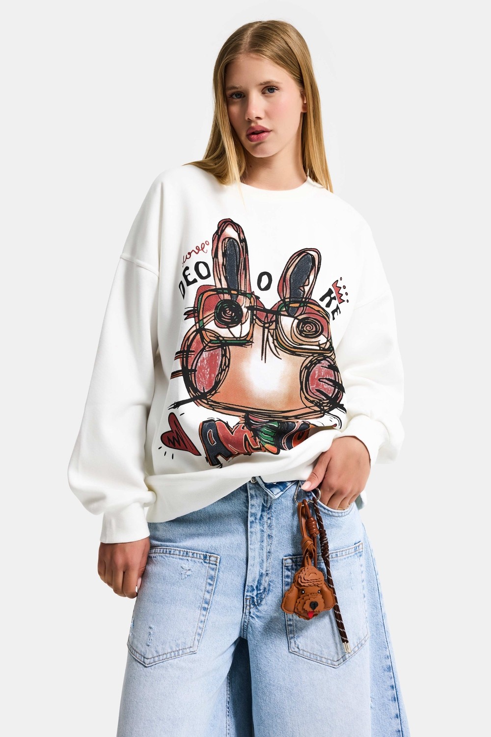 It's Basic Kadın Beyaz W5 Oversize Baskılı %100 Koton Organik Kumaş Sweatshirt görsel 3