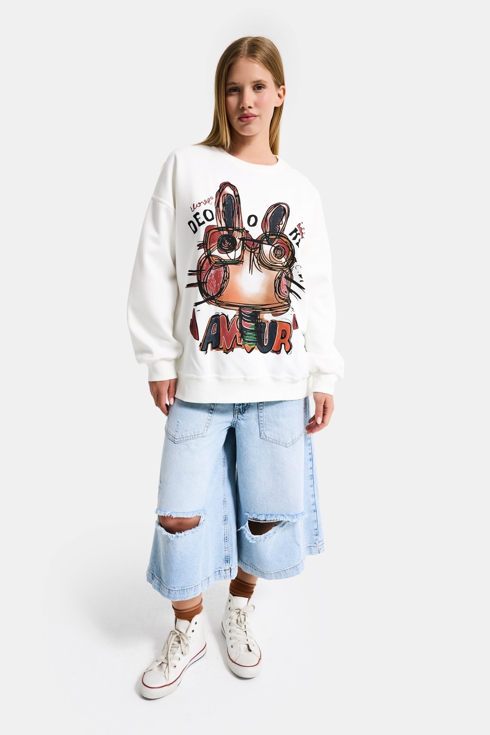 It's Basic Kadın Beyaz W5 Oversize Baskılı %100 Koton Organik Kumaş Sweatshirt görsel 5