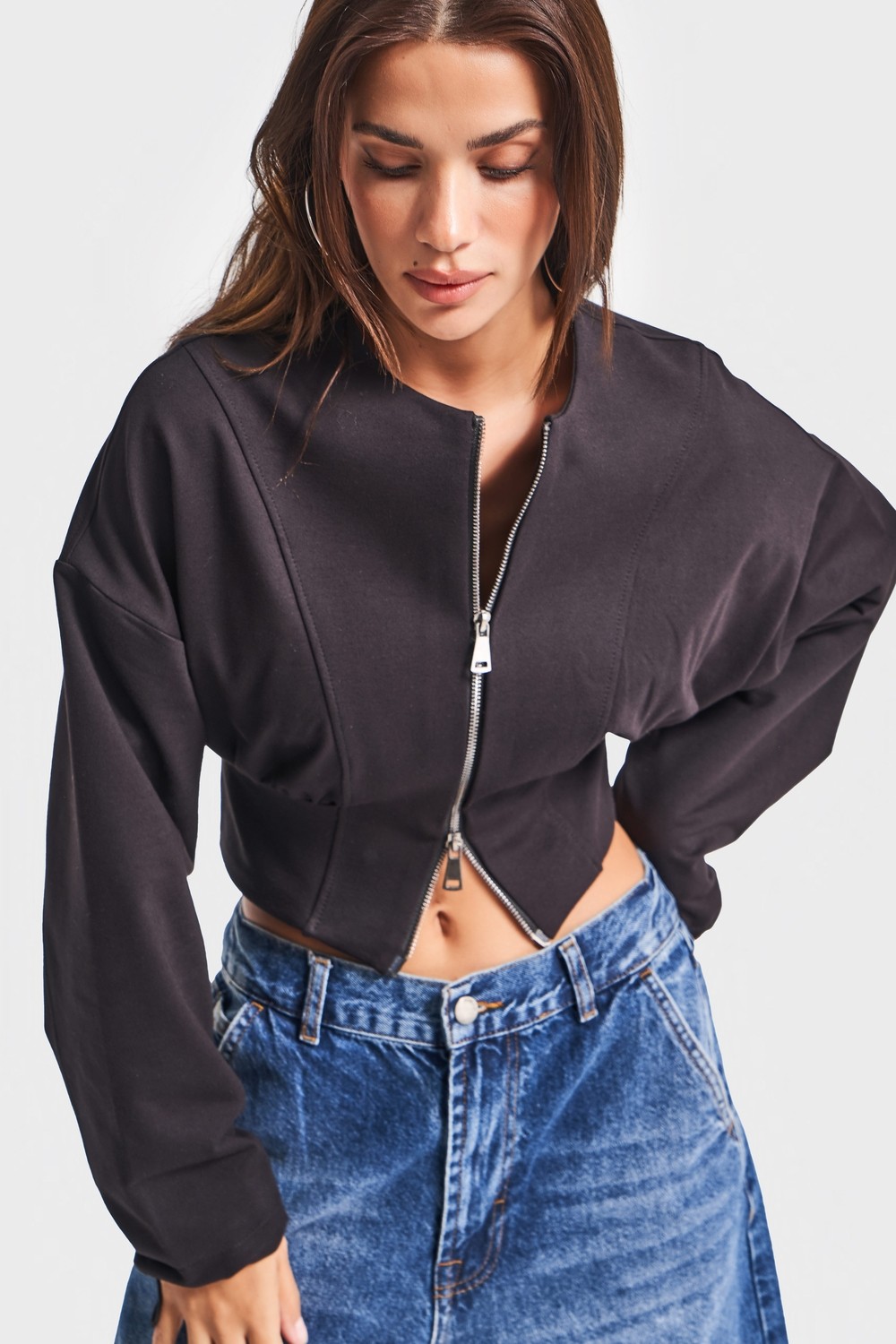 It's Basic Kadın Siyah Renk W5-1 Bol Kesim Örme Esnek Kumaş Oversize Fermuarlı Sweatshirt görsel 4
