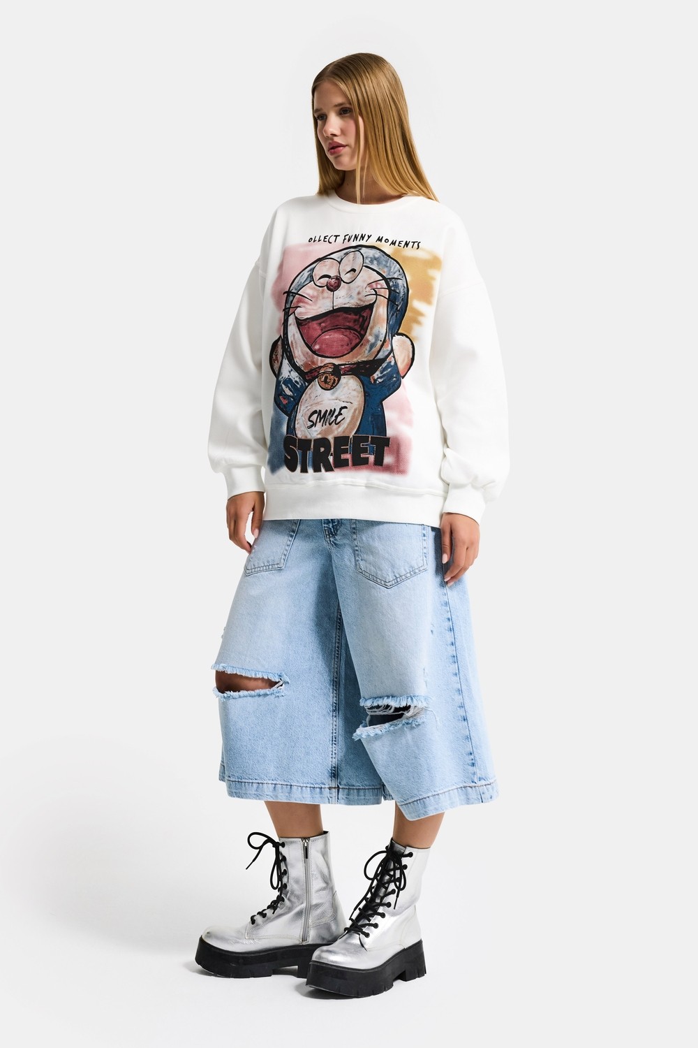 It's Basic Kadın Beyaz W5 Oversize Baskılı %100 Koton Organik Kumaş Sweatshirt görsel 7