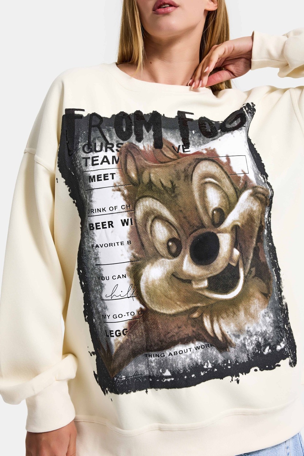 It's Basic Kadın Ekru W5 Oversize Baskılı %100 Koton Organik Kumaş Sweatshirt