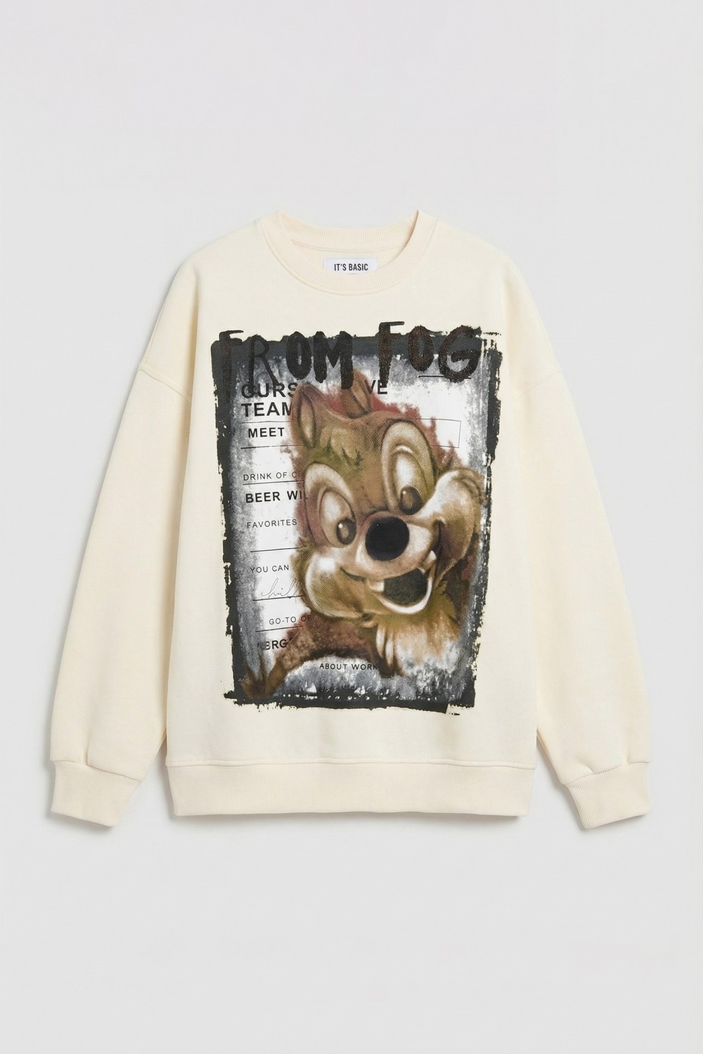 It's Basic Kadın Ekru W5 Oversize Baskılı %100 Koton Organik Kumaş Sweatshirt görsel 2