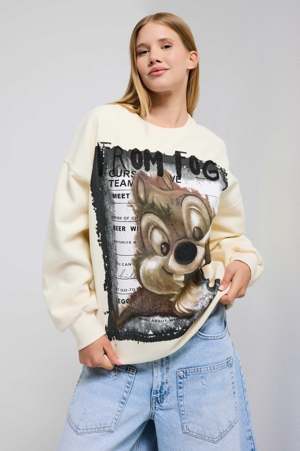 It's Basic Kadın Ekru W5 Oversize Baskılı %100 Koton Organik Kumaş Sweatshirt görsel 3