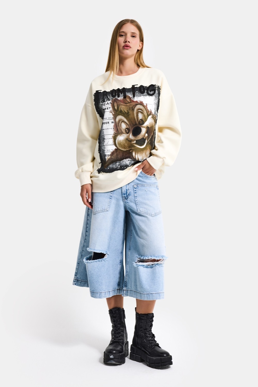 It's Basic Kadın Ekru W5 Oversize Baskılı %100 Koton Organik Kumaş Sweatshirt görsel 4
