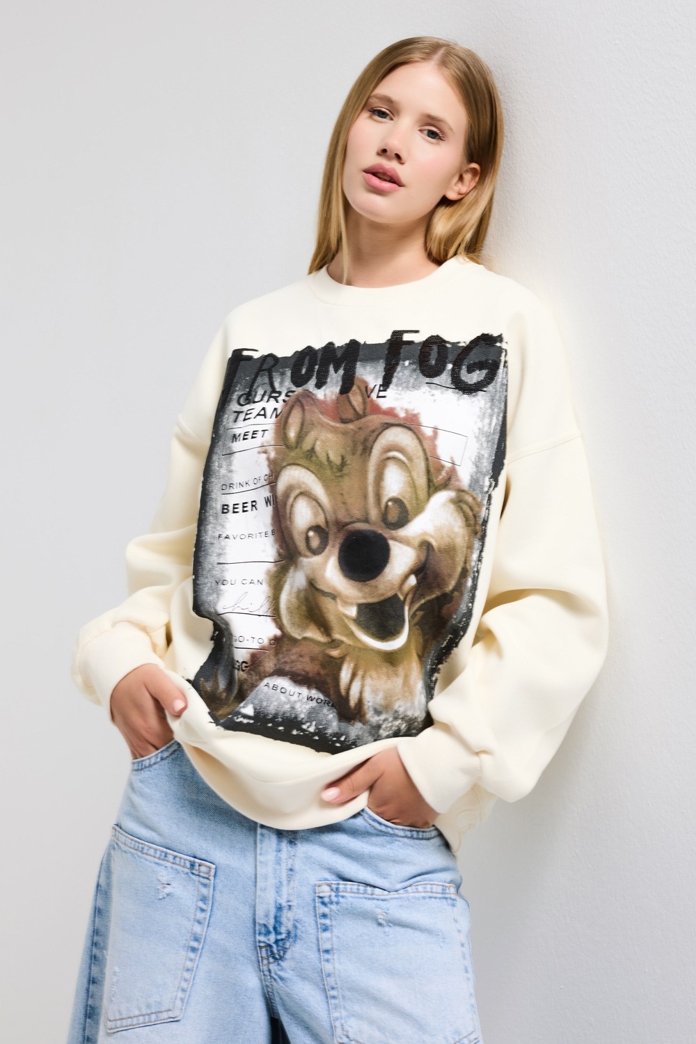 It's Basic Kadın Ekru W5 Oversize Baskılı %100 Koton Organik Kumaş Sweatshirt görsel 6