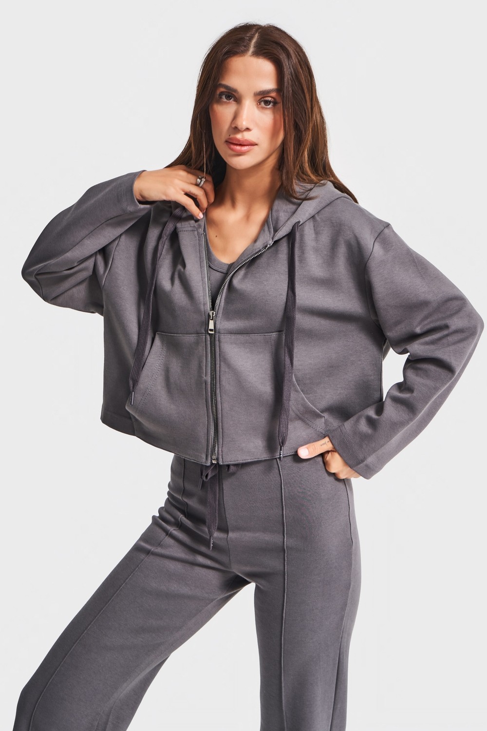 It's Basic Kadın Antrasit Renk W5-45 Örme Kumaş Flare Eşofman Büstiyer ve Fermuarlı Sweatshirt 3'lü Kombin Takım görsel 3
