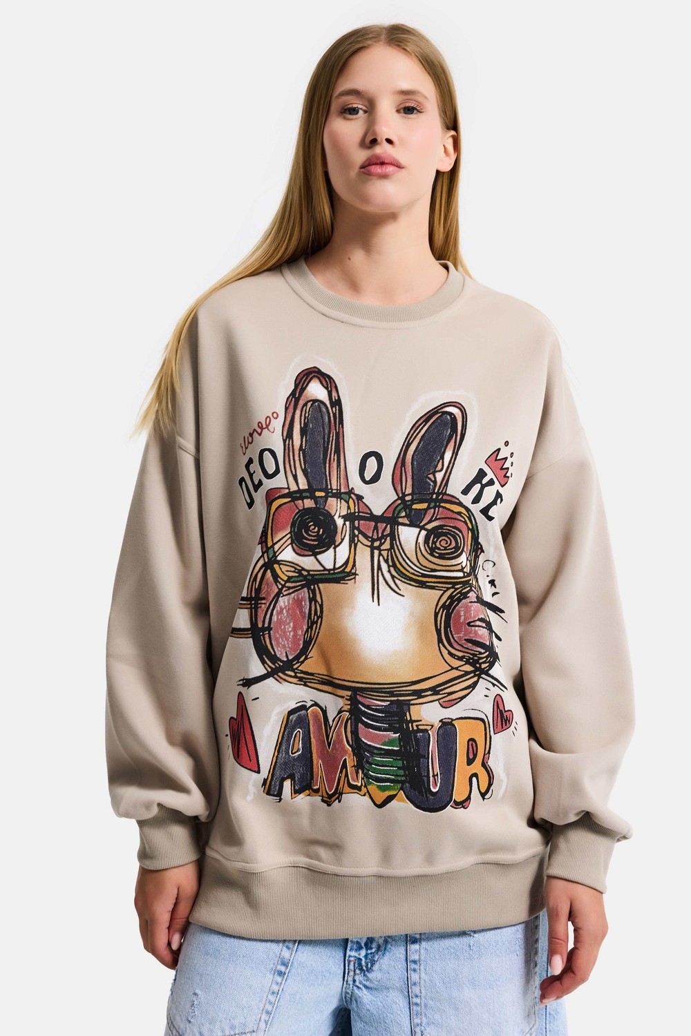 It's Basic Kadın Beyaz W5 Oversize Baskılı %100 Koton Organik Kumaş Sweatshirt görsel 8