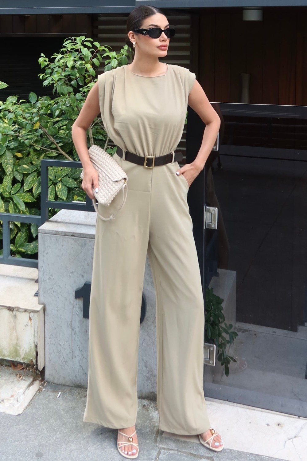Kechi Woman Linda Twill Kumaş Kemerli Tulum, Yeşil