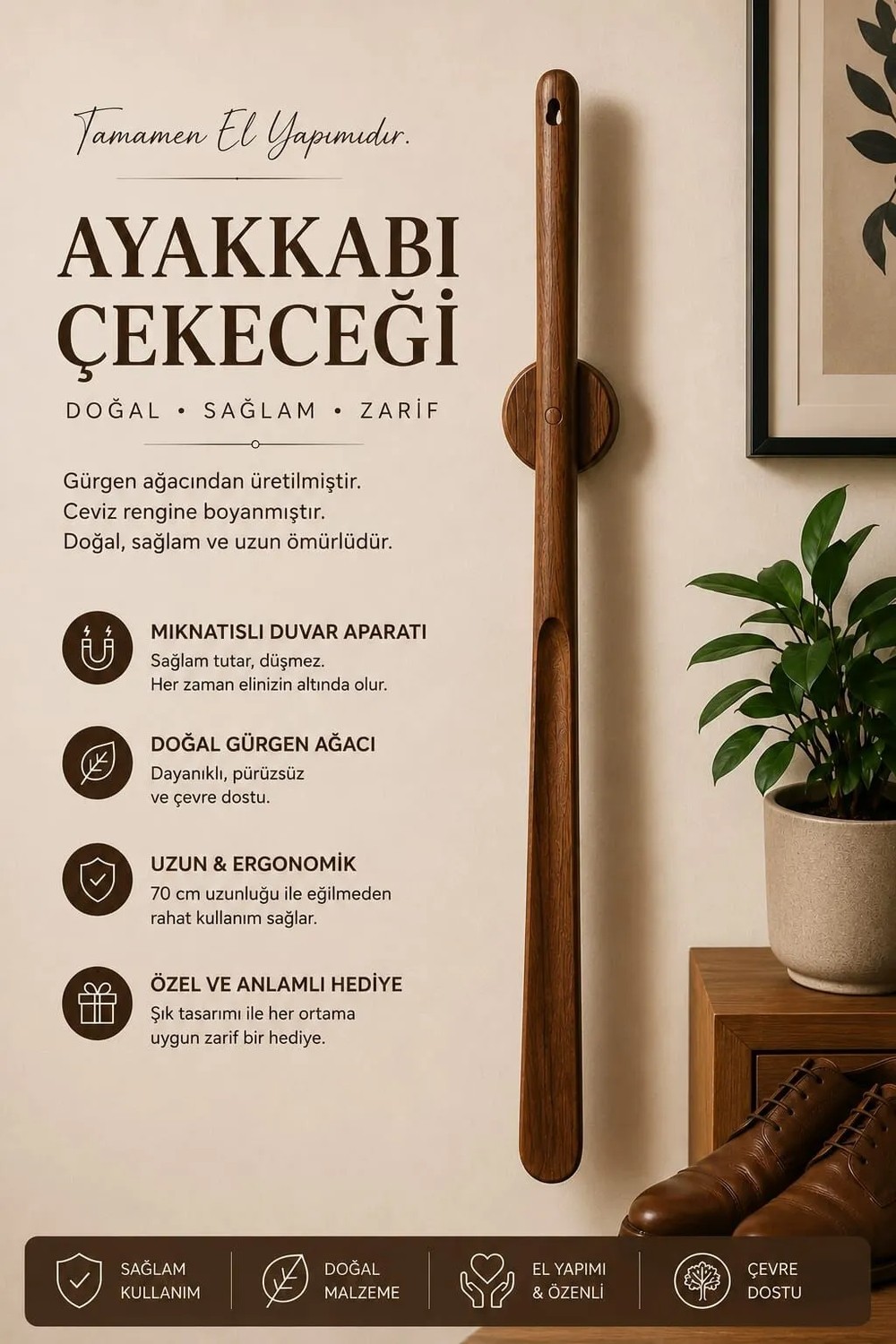 Mıknatıslı Ahşap Ayakkabı Çekeceği, 70 Cm, Gürgen Ağacından