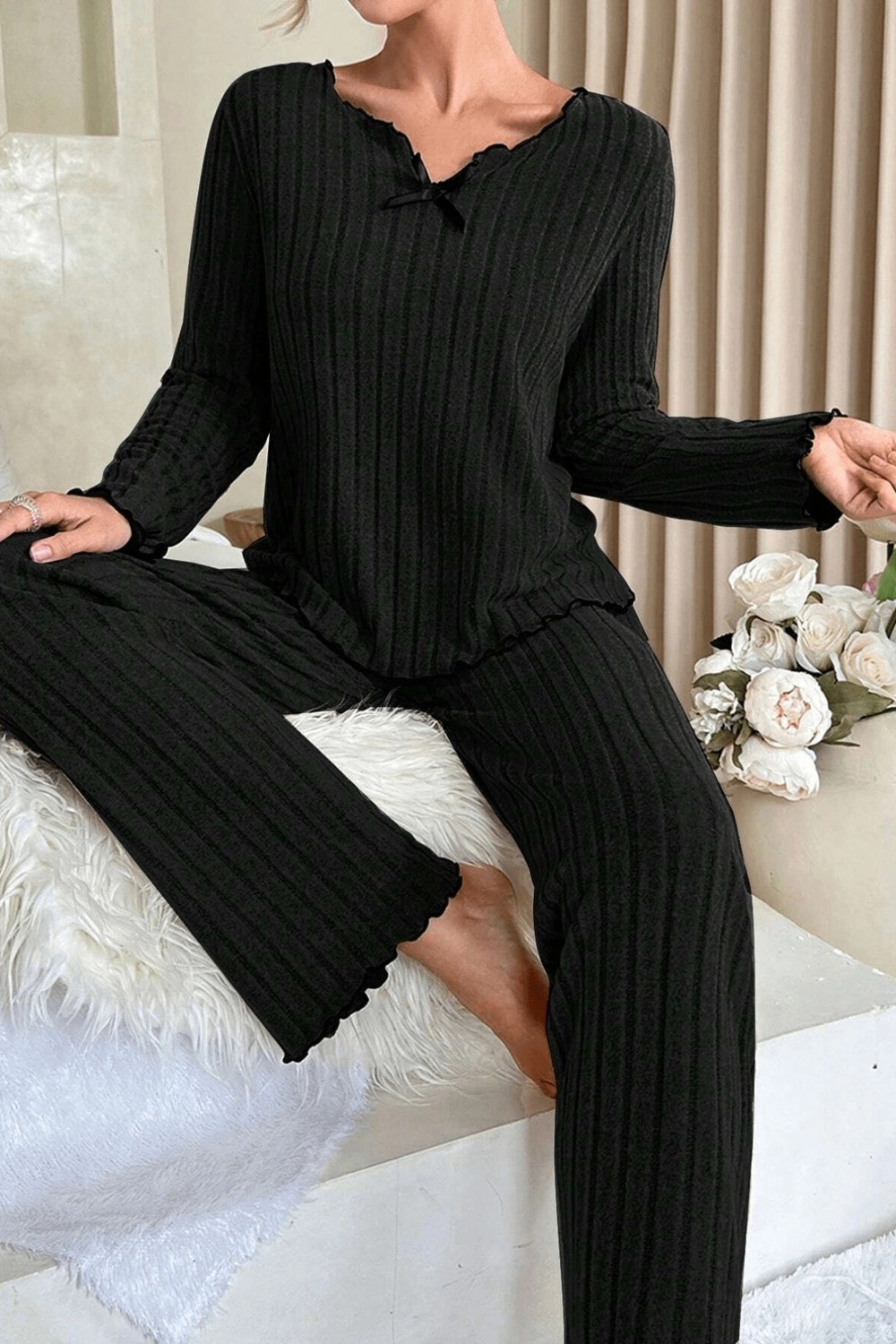 Nemere Kadın Siyah Fiyonk Detaylı Uzun Kollu Yuvarlak Yaka Mevsimlik Pijama Takımı Premium Ev Giyim görsel 7