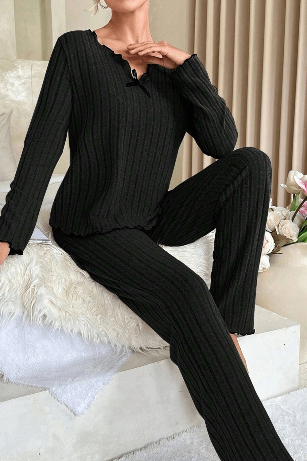 Nemere Kadın Siyah Fiyonk Detaylı Uzun Kollu Yuvarlak Yaka Mevsimlik Pijama Takımı Premium Ev Giyim görsel 8