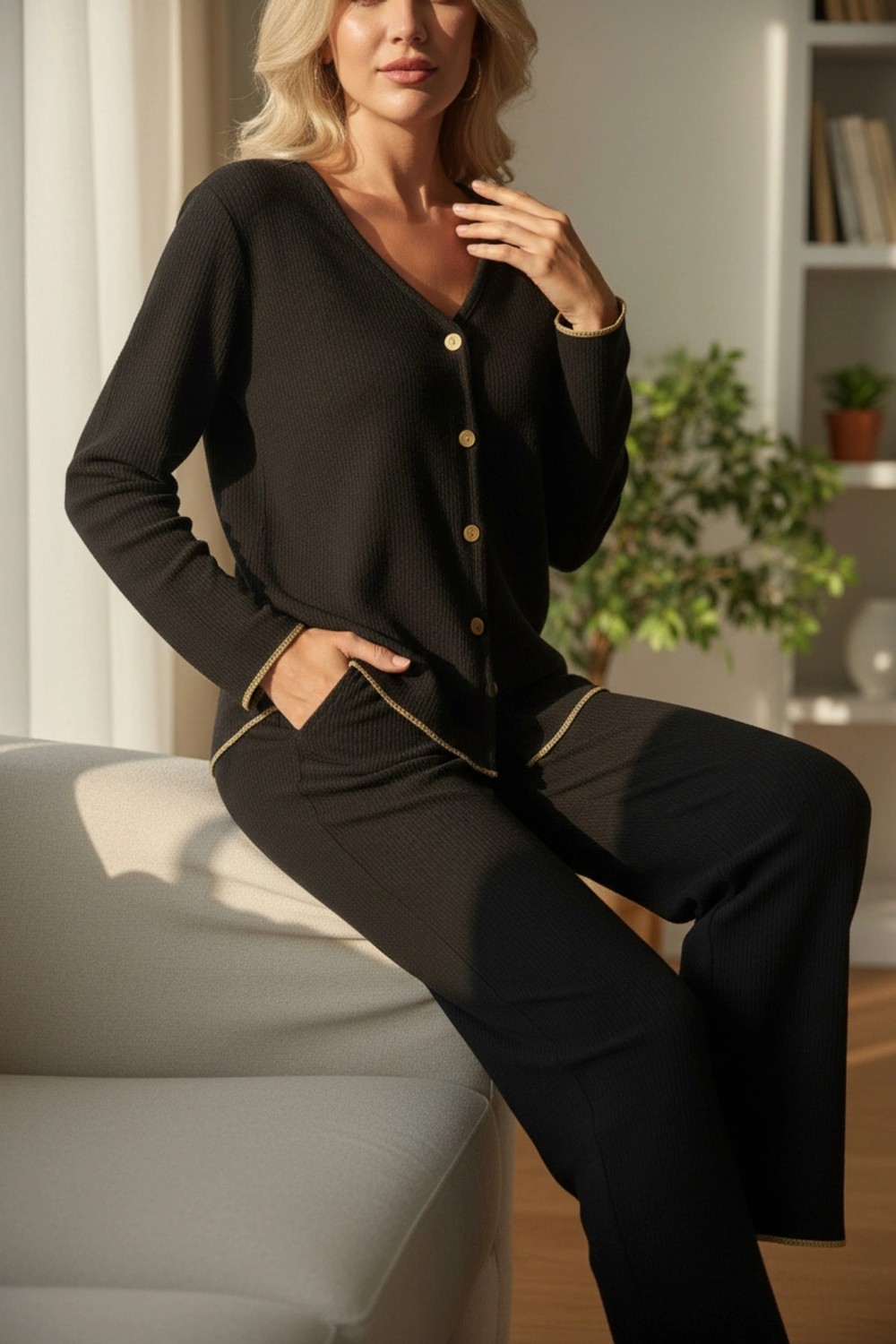 Nemere Kadın Siyah Gold Biyeli Fitilli Yumuşak Dokulu Pijama Takımı Premium Ev Giyim görsel 4