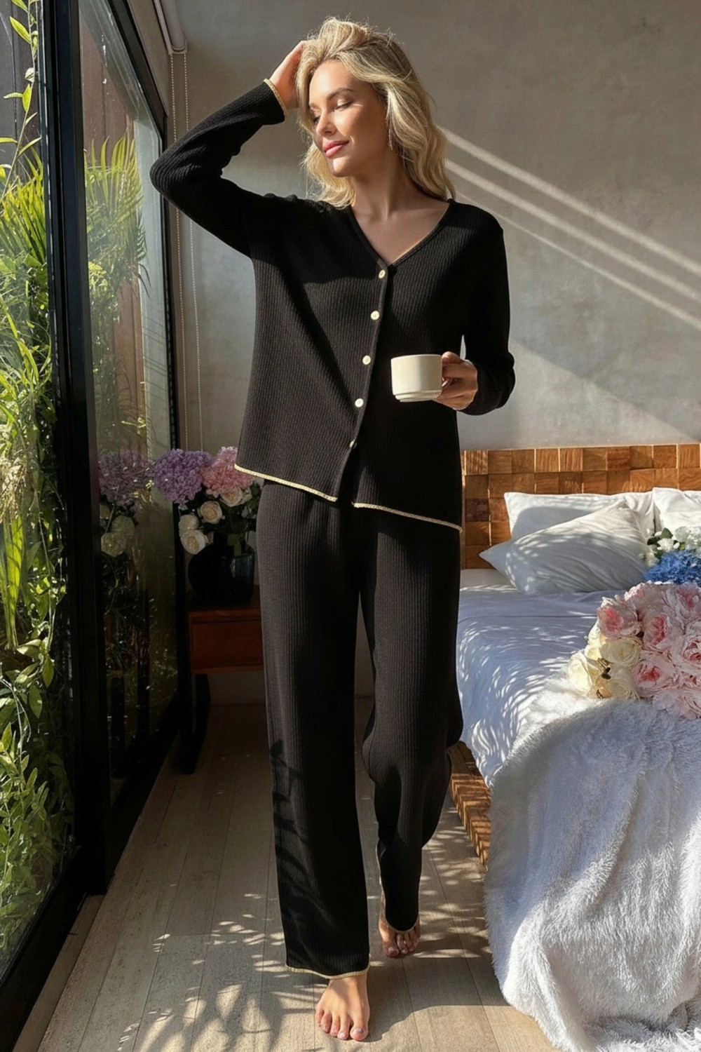 Nemere Kadın Siyah Gold Biyeli Fitilli Yumuşak Dokulu Pijama Takımı Premium Ev Giyim görsel 5