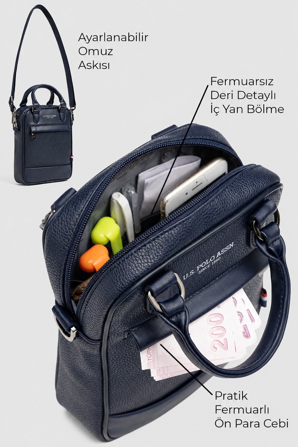 U.S. Polo Assn. Lacivert Erkek El Çantası Omuz Askılı Postacı Çantası Günlük Vegan Deri Çanta 26007 görsel 7