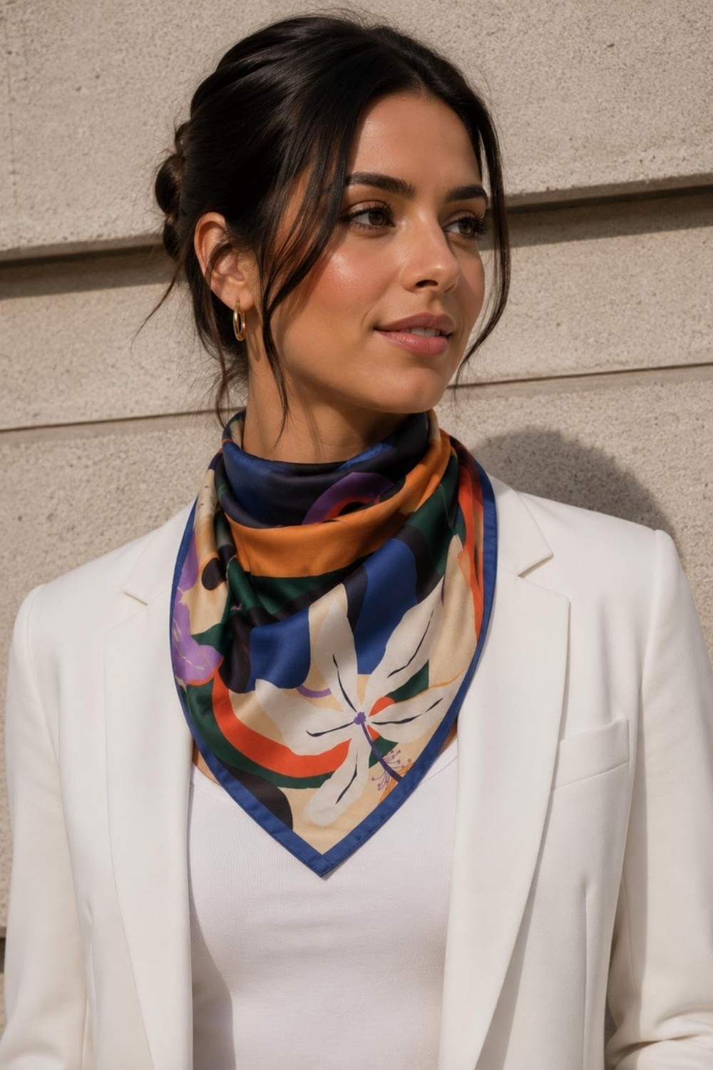 1001 Soyut Çiçek Desen Saks Mavi-Turuncu Soft Bandana Fular 50X50 cm