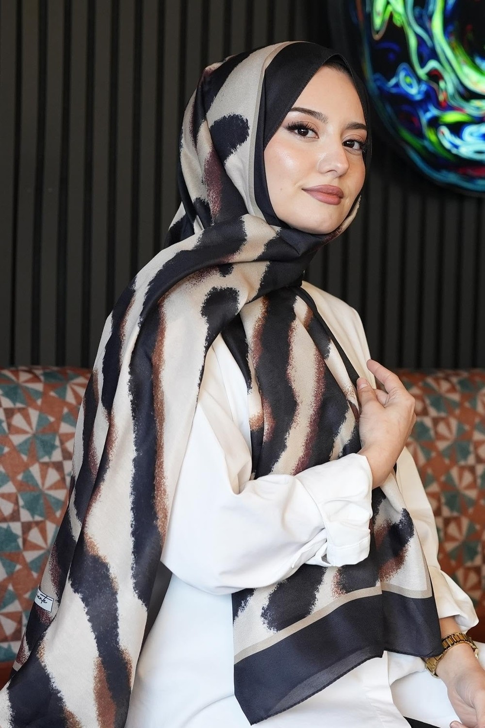 1001 Zebra Desen Karamel Soft Pamuk Şal