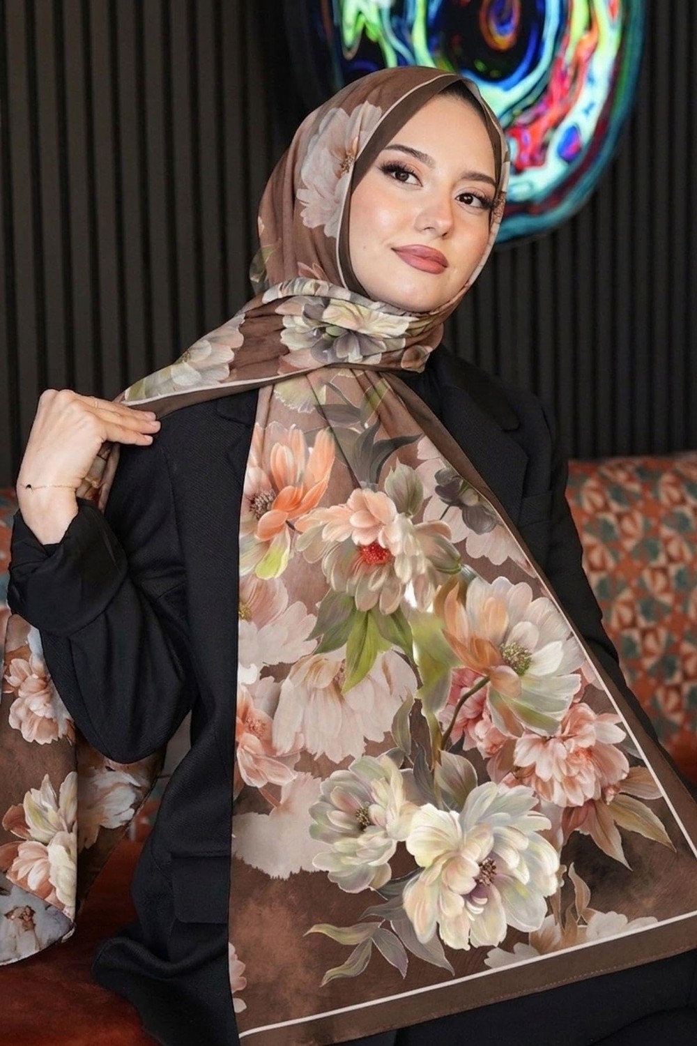 1001 Floral Desen Kahve Soft Pamuk Şal