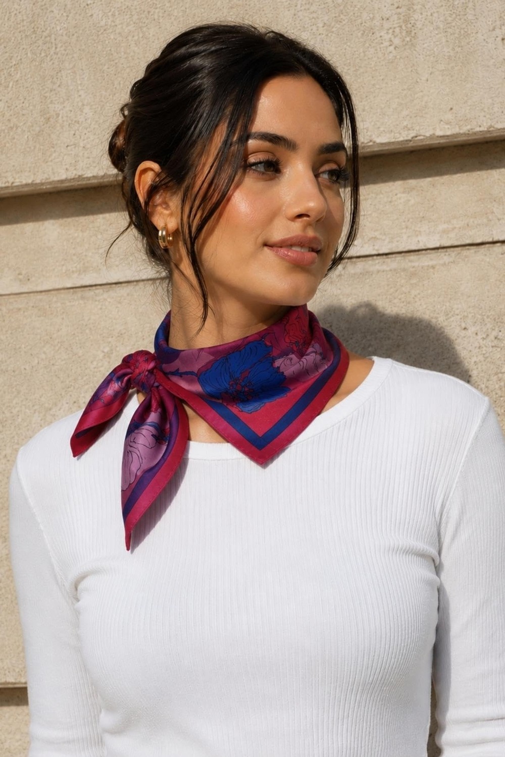 1001 Dört Parça Çiçek Desen Mercan-Lila Soft Bandana Fular 50X50 cm