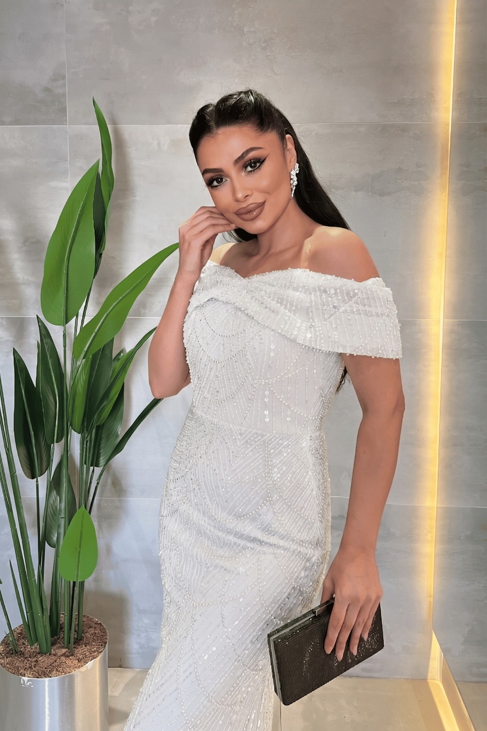 Giyimmasalı Kayık Yaka Boncuklu Kumaş Abiye Elbise - Siyah görsel 3