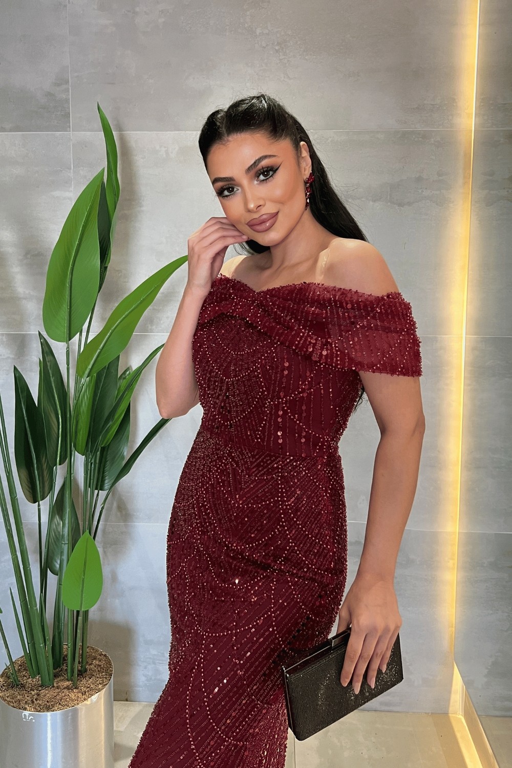 Giyimmasalı Kayık Yaka Boncuklu Kumaş Abiye Elbise - Siyah görsel 7