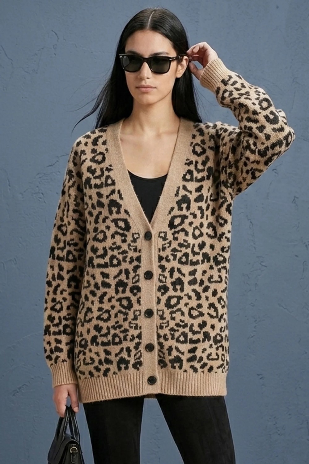 Şiir Parc Oversize Salaş Yumuşak Dokulu Leopar Desenli Triko Kadın Hırka & Ceket - Bej