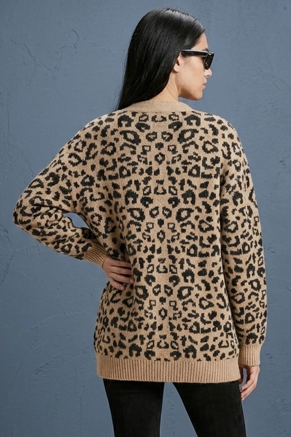 Şiir Parc Oversize Salaş Yumuşak Dokulu Leopar Desenli Triko Kadın Hırka & Ceket - Bej görsel 3