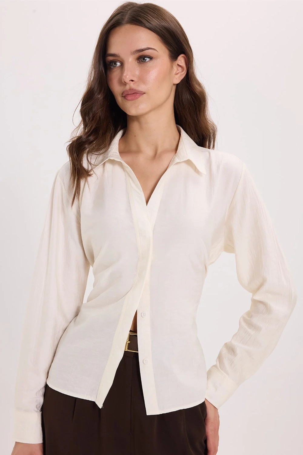 Tudors Kadın Slim Fit Dar Kesim Bel ve Sırt Bağlamalı Ekru Gömlek