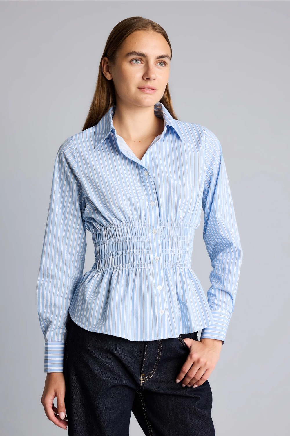 DeFacto %100 Pamuk Fitted Çizgili Poplin Uzun Kollu Gömlek H0347AX26AU görsel 3