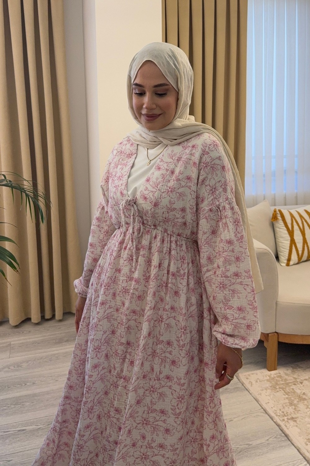 Salisburys Kadın Büyük Çiçek Baskılı Uzun Pamuk Beyaz Muslin Elbise görsel 6
