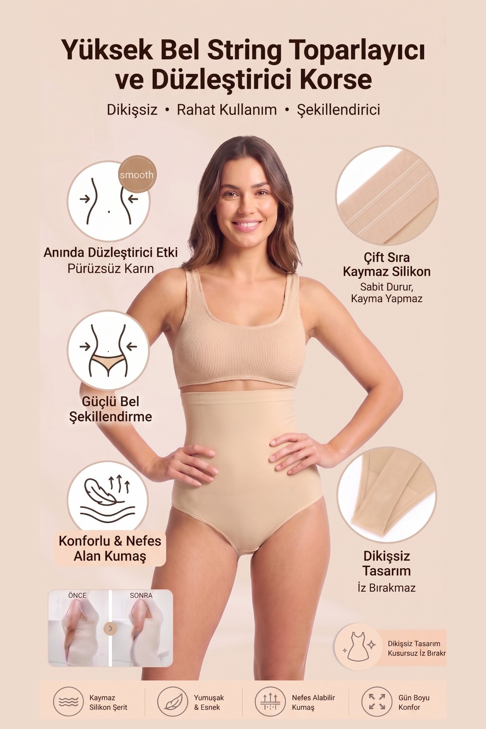 Womenmade Kadın Dikişsiz Korse Yüksek Bel String - Kaymaz Silikonlu & Karın Toparlayıcı Form Düzleştirici Şekillendirici